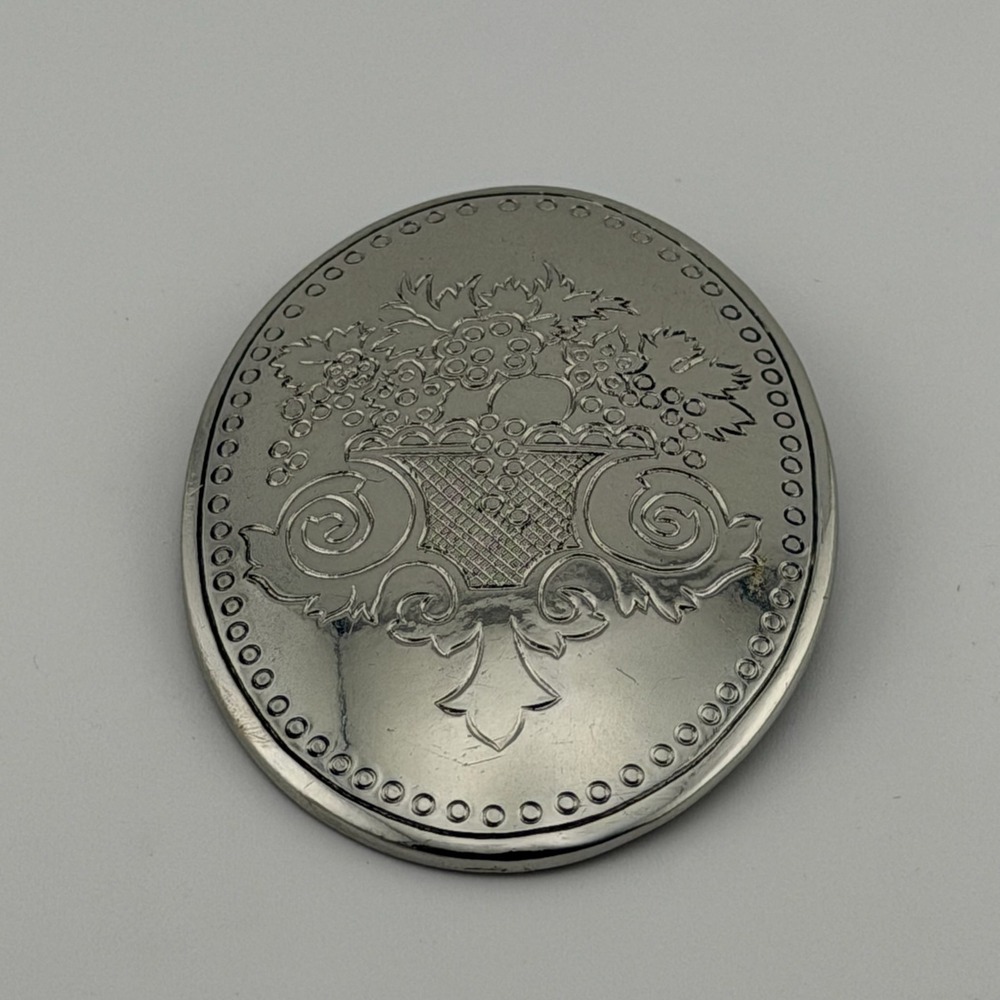Kirk Stieff Vintage Pewter Fruit Basket Oval Brooch Pin Silver Tone Repousse